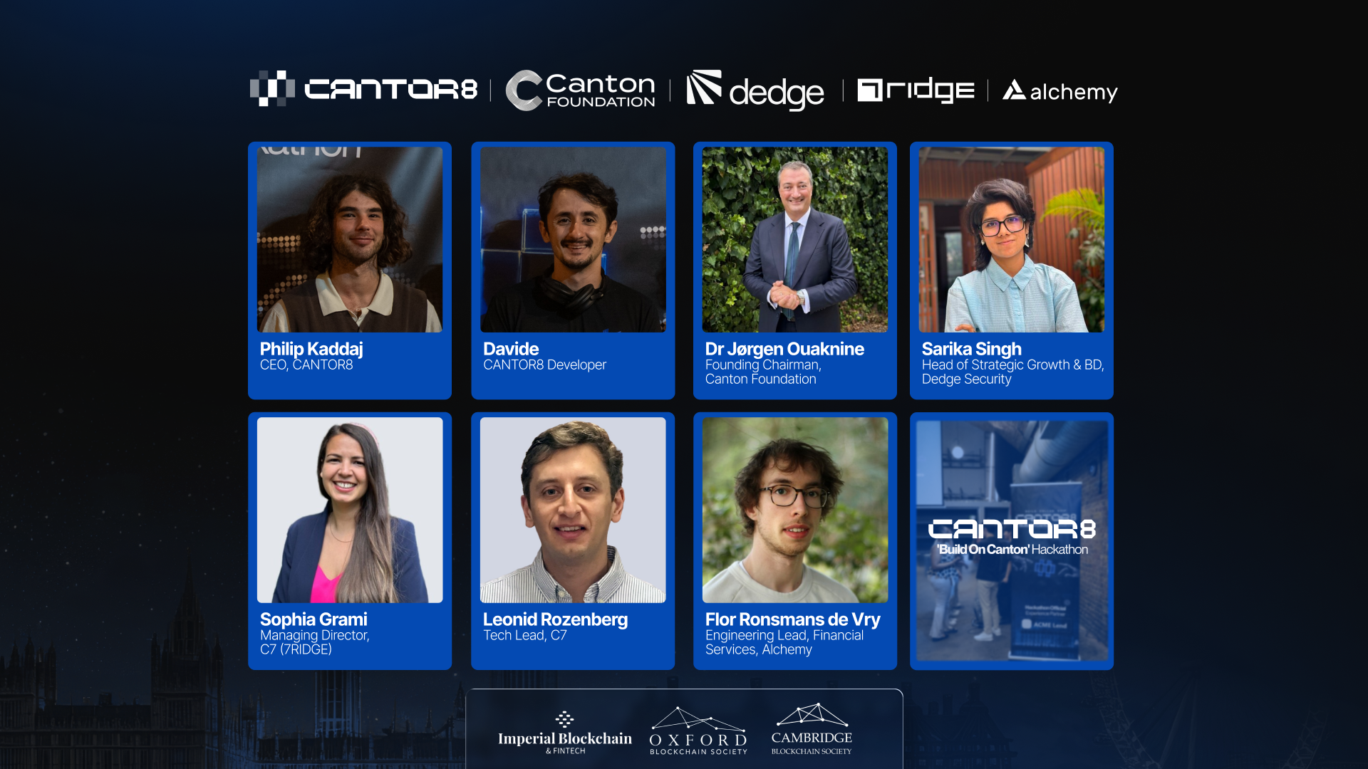 CANTOR8 Build on Canton hackathon judging panel, with portraits of all seven judges and the organising societies